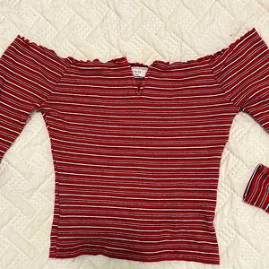 Off shoulder maroon/red striped crop top by cotton on